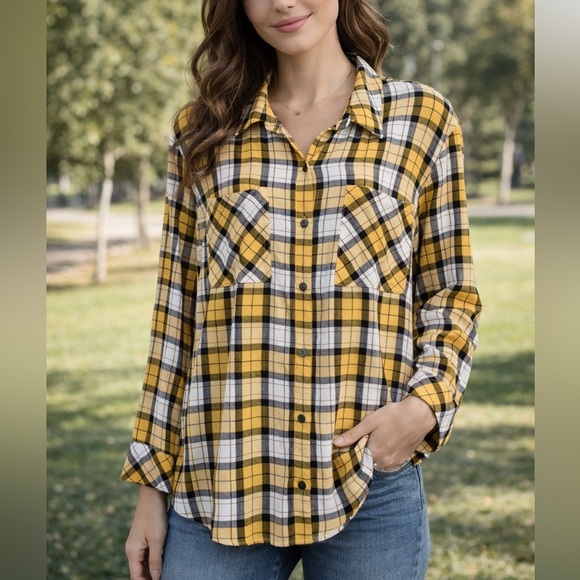 Sanctuary Tops - Sanctuary yellow and white plaid long sleeve button down shirt, worn once